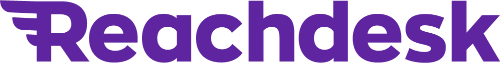 Reachdesk logo with a stylized wing, featuring bold purple text, symbolizing innovation and digital marketing. Reachdesk, logo, digital marketing
