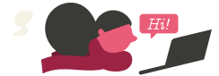 Illustration of a person with a cape, lying on the floor while typing on a laptop, with a speech bubble saying 'Hi!' and a steaming cup of coffee nearby.