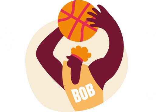 Illustration of a basketball player wearing an orange jersey with 'BOB' written on it, preparing to shoot a basketball into the hoop, with arms raised and a focused stance.