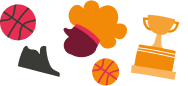 Illustration featuring basketball-themed elements, including two basketballs, a trophy, a black sneaker, and an orange foam hand, arranged against a light background.