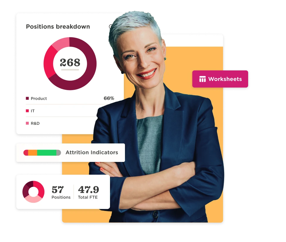 268 positions breakdown with attrition indicators; female professional in a blazer smiling confidently, attrition indicators, positions breakdown