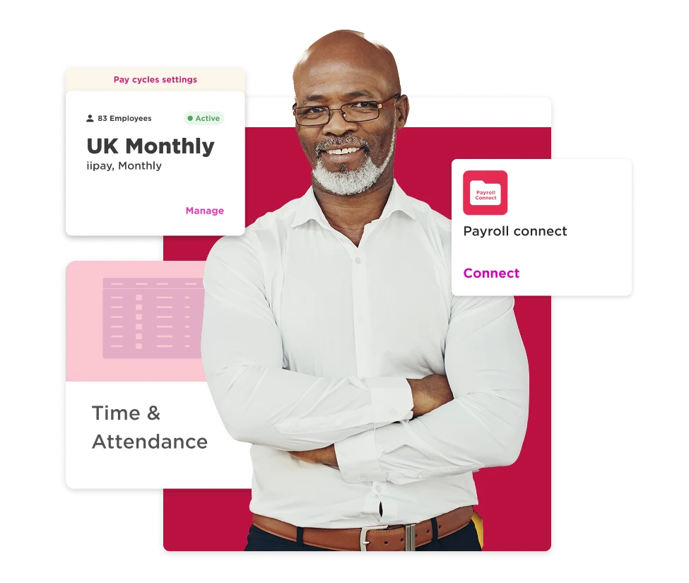 man smiling with crossed arms, featuring payroll management interface elements, emphasizing employee attendance and connection, payroll management, employee engagement