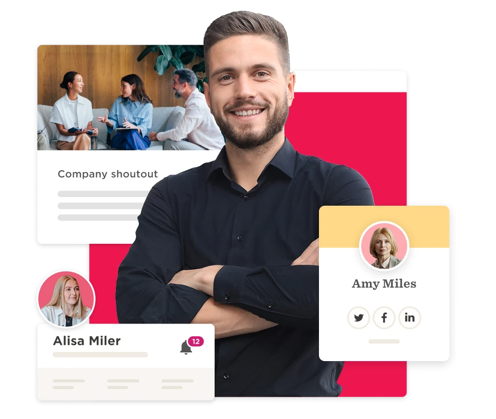 person smiling in black shirt with company graphics and profiles behind, professional networking and teamwork elements displayed