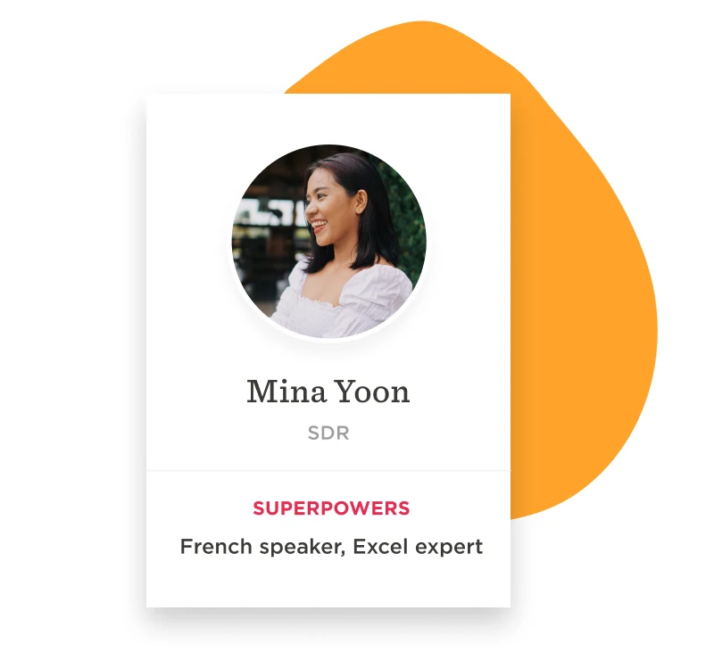 Mina Yoon's profile card featuring her photo, title, and skills. Highlights: French speaker, Excel expert., Profile of Mina Yoon featuring skills, Mina Yoon smiling with title and expertise in Excel and French