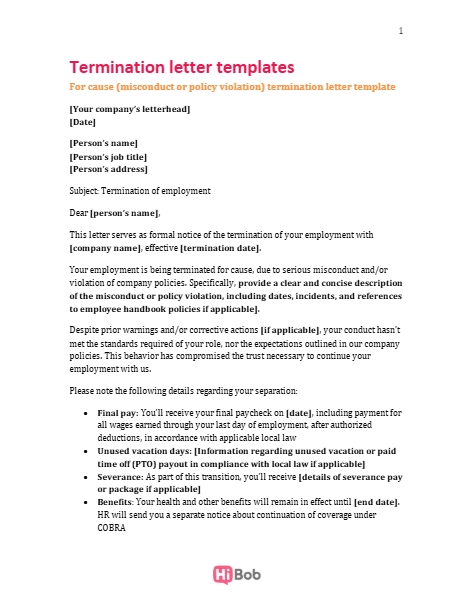termination letter template, employment separation notice