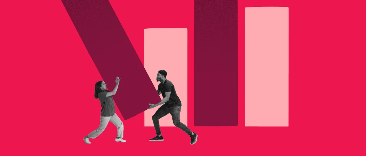 people interacting against a vibrant background with colorful bars representing growth and success, dynamic illustration of collaboration and progress