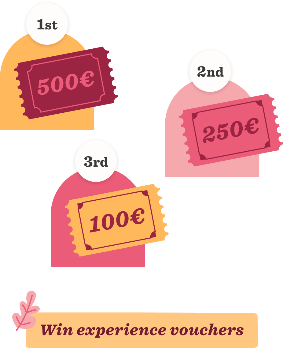 win experience vouchers with cash prizes of 500€, 250€, and 100€ for 1st, 2nd, and 3rd places, prize vouchers contest rewards graphic
