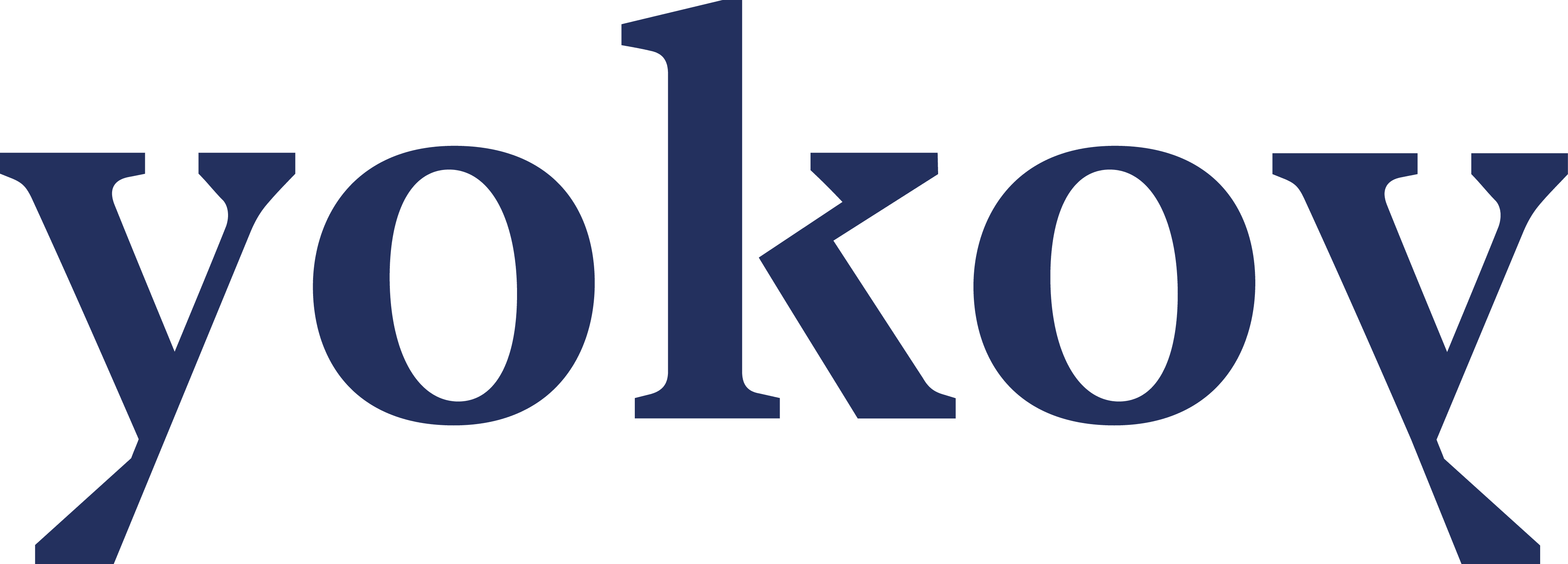 yokoy logo in dark blue against a transparent background, representing a modern brand identity, minimalist design with bold lettering