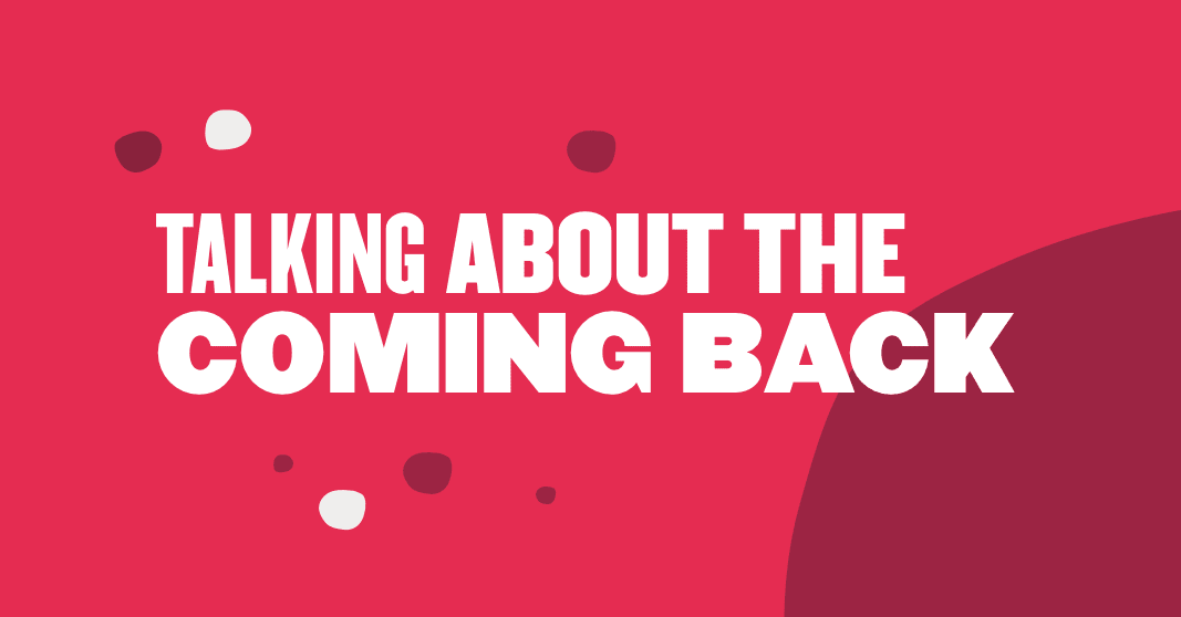 talking about the coming back on vibrant red background with abstract shapes, bold white text emphasizing the theme of resurgence