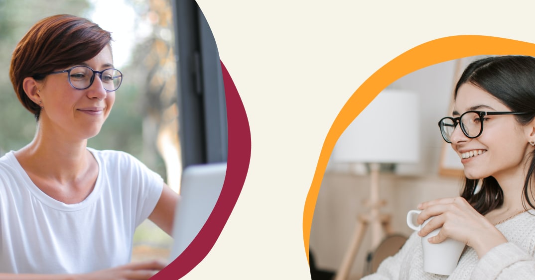 woman working on laptop, woman drinking coffee in cozy indoor setting