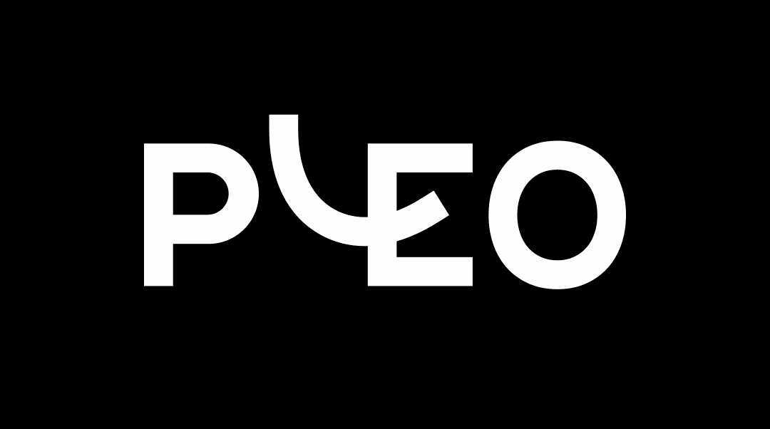 Pleo logo design with bold white letters on a black background, featuring a unique flowing letter 'L'., Pleo logo design on black background, modern typography with distinct letter styling.