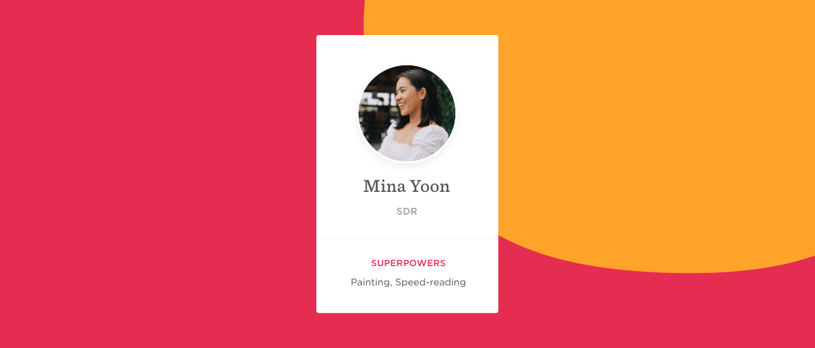 Mina Yoon profile card with photo, role SDR, featuring superpowers: painting and speed-reading on colorful backdrop. , MinaYoon, ProfileCard
