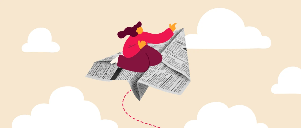paper airplane, woman flying, cartoon clouds
