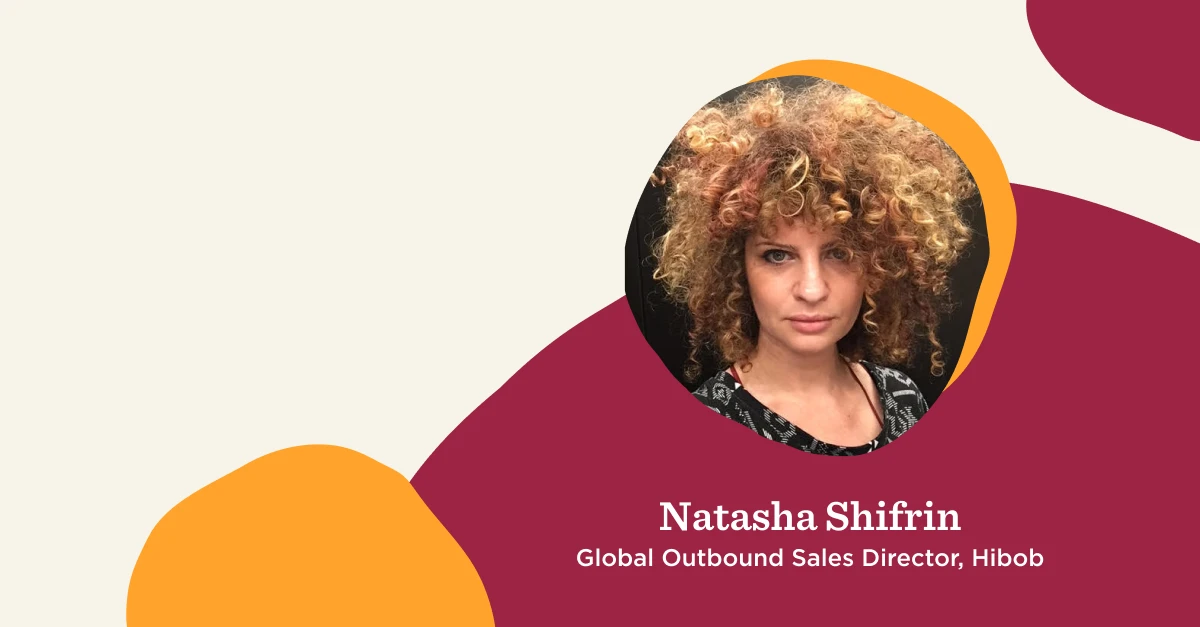 Natasha Shifrin, Hibob's Global Outbound Sales Director, with curly hair on a colorful geometric background., Natasha Shifrin, Hibob