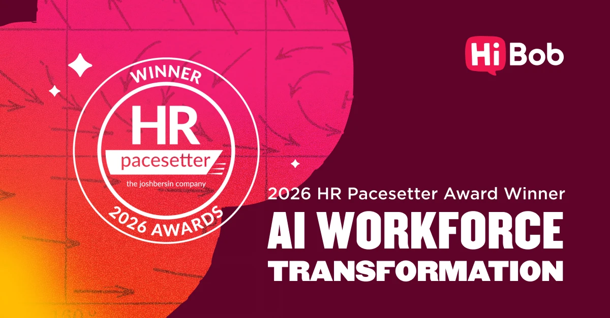 HR pacesetter award badge highlighting HiBob's 2026 win for AI workforce transformation. Bright visual design with bold text., HiBob, HRPacesetter2026