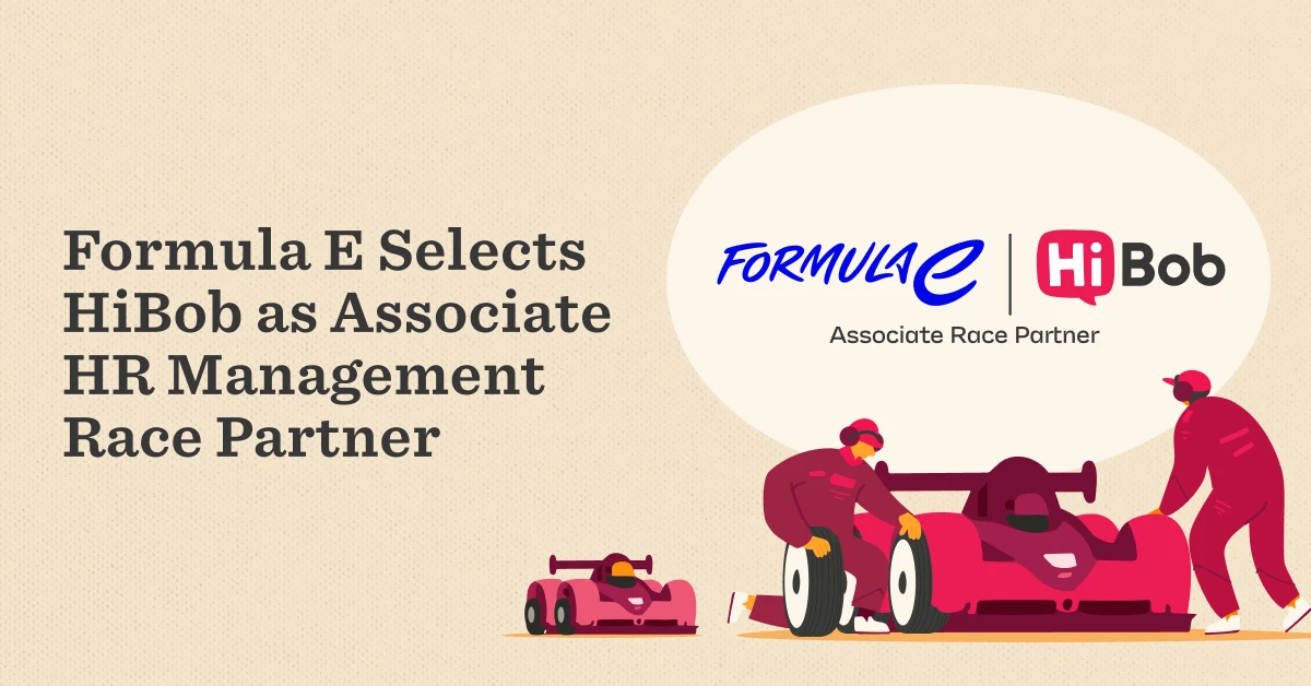 Formula E HiBob partnership announcement with race car illustration, showcasing teamwork and branding elements. FormulaE, HiBob