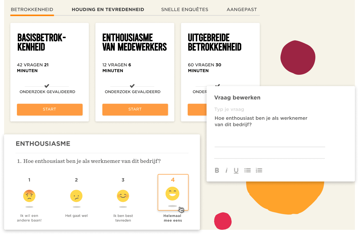 enquête dashboard met vragen over werknemer betrokkenheid en enthousiasme, smiley emoticons voor feedback, vragen pulsennummer en validatie labels