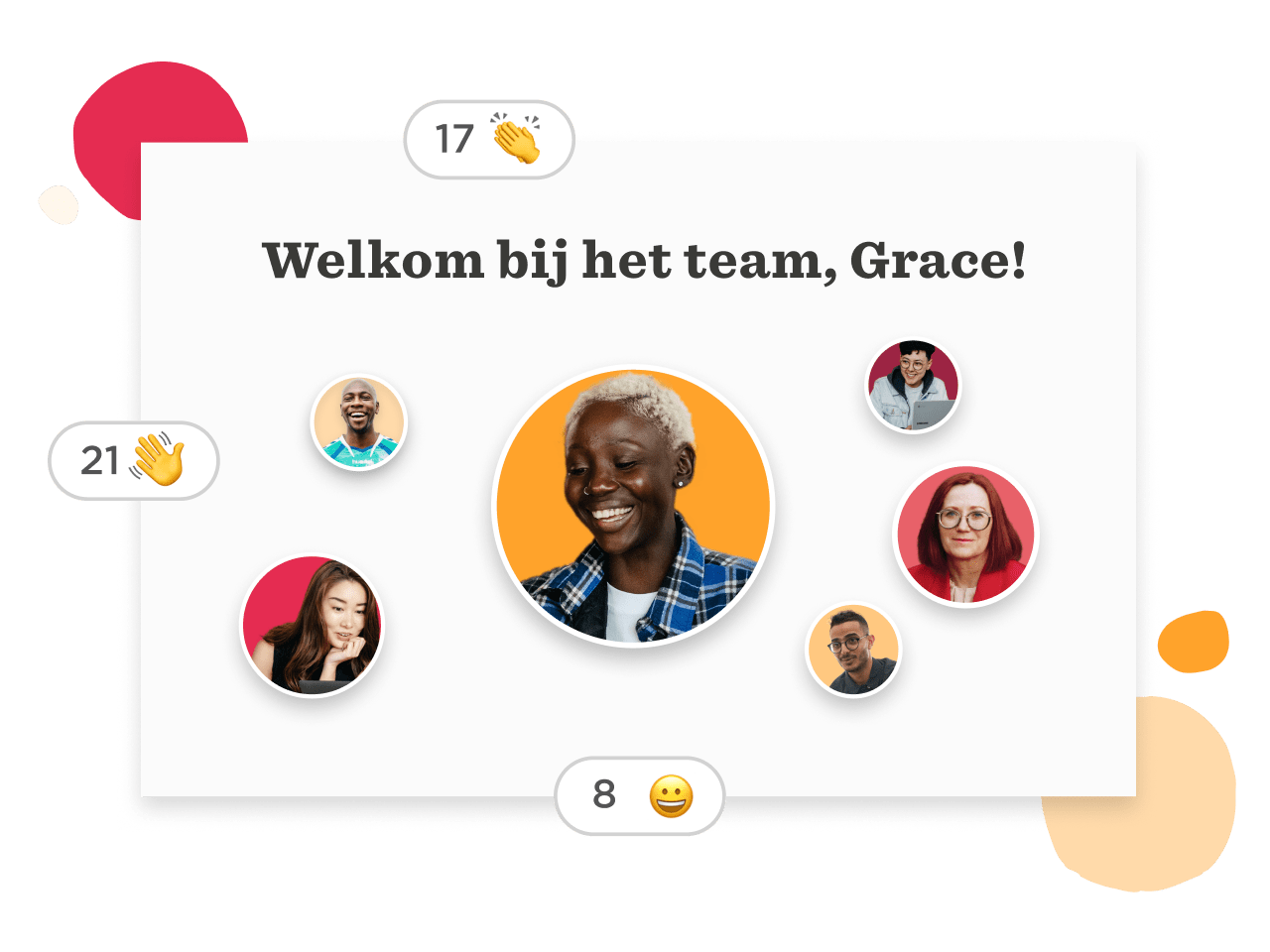welkom bij team, Grace!, diverse team members celebrating, positive engagement and welcoming atmosphere