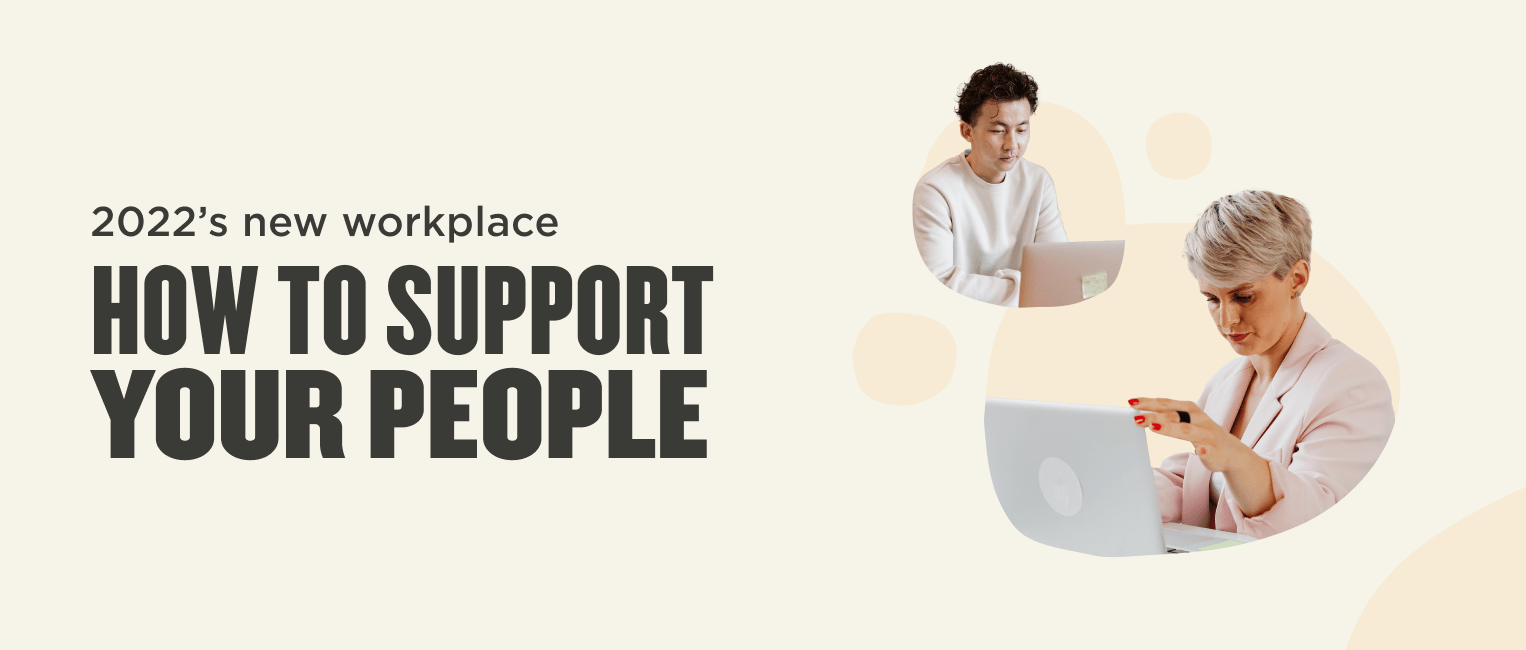 2022 workplace support strategies with engaged professionals on laptops, modern workspace environment focusing on team well-being