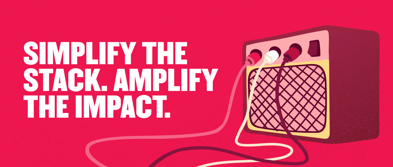 amplifier with colorful cables on a vibrant pink background, bold text promoting simplification for greater impact, vibrant graphic design, audio equipment focus, catchy slogan
