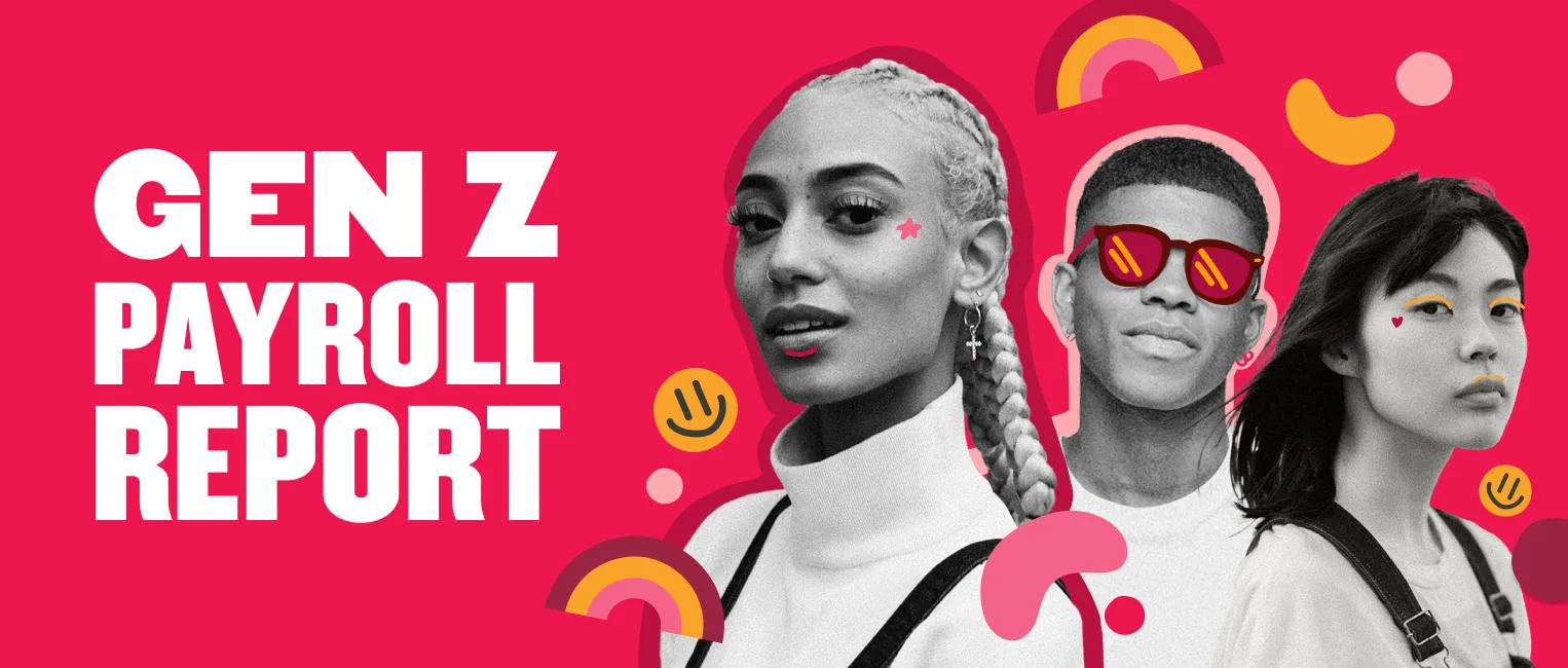 gen z payroll report with diverse young people on bright pink background, diverse youth showing modern fashion and expressions