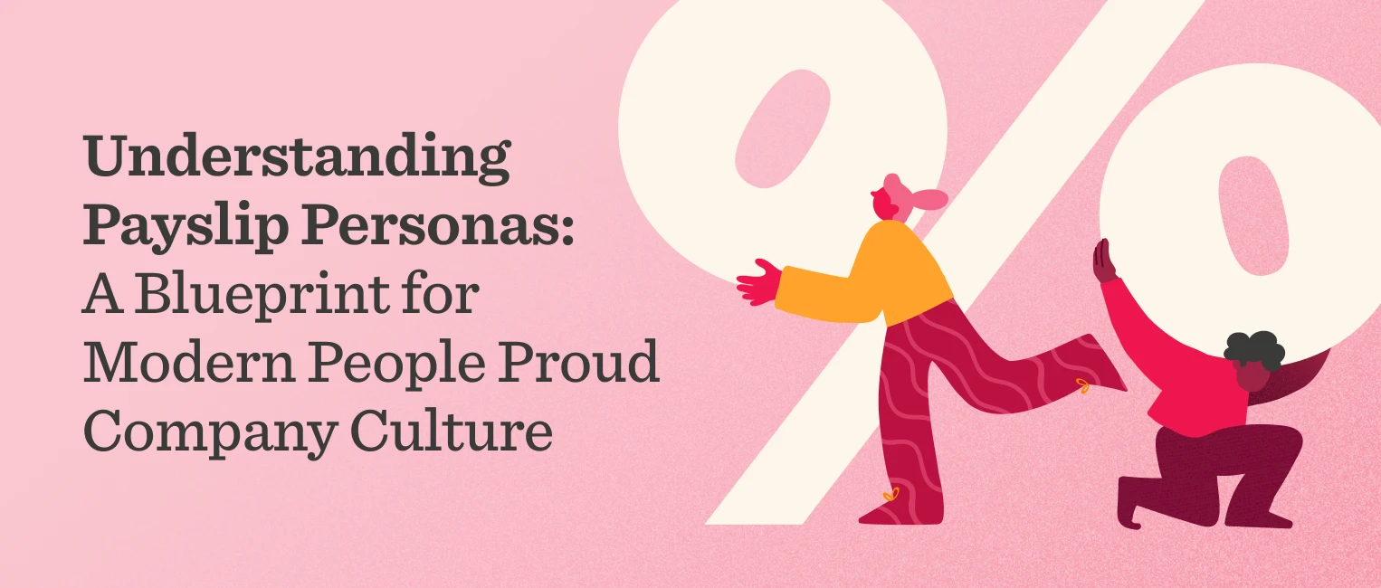 Understanding payslip personas with colorful characters and bold text on a pink background, emphasizing modern company culture. payslip, company culture