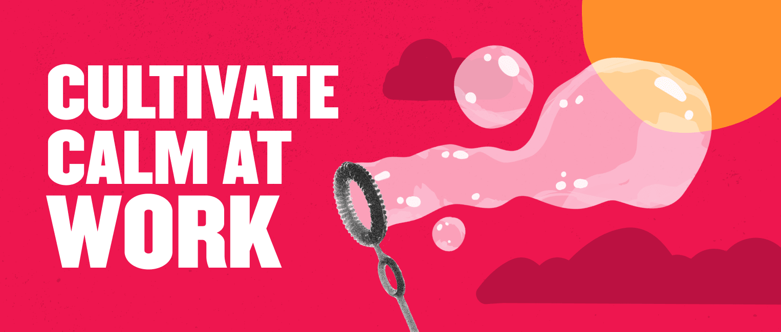 cultivate calm at work with soap bubbles against a vibrant pink background and stylized sun and clouds, colorful design promoting relaxation
