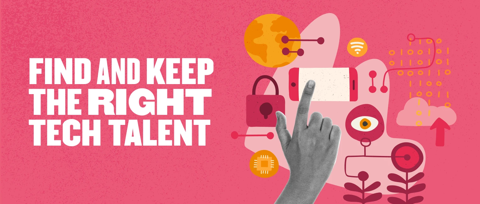 find tech talent with hand on smartphone surrounded by graphics like locks, eye, and world in vibrant colors, engagement and security in tech hiring