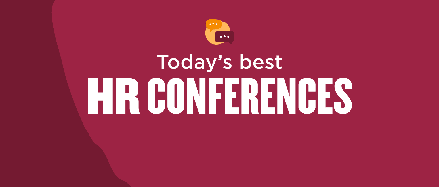 HR Conferences announcement with speech bubbles on a maroon background, highlighting key industry topics today. , HRConferences, BestConferences