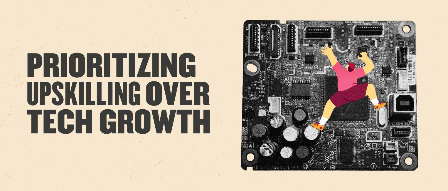 circuit board with climbing figure and text prioritizing upskilling over tech growth, upskilling illustration on electronics background