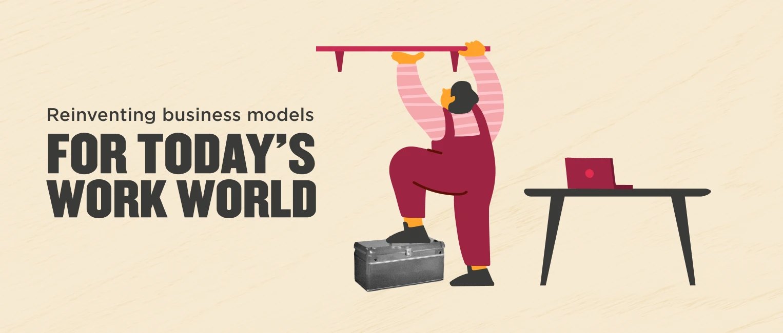 reinventing business models for today's work world, worker using tools near a desk with a laptop and toolbox
