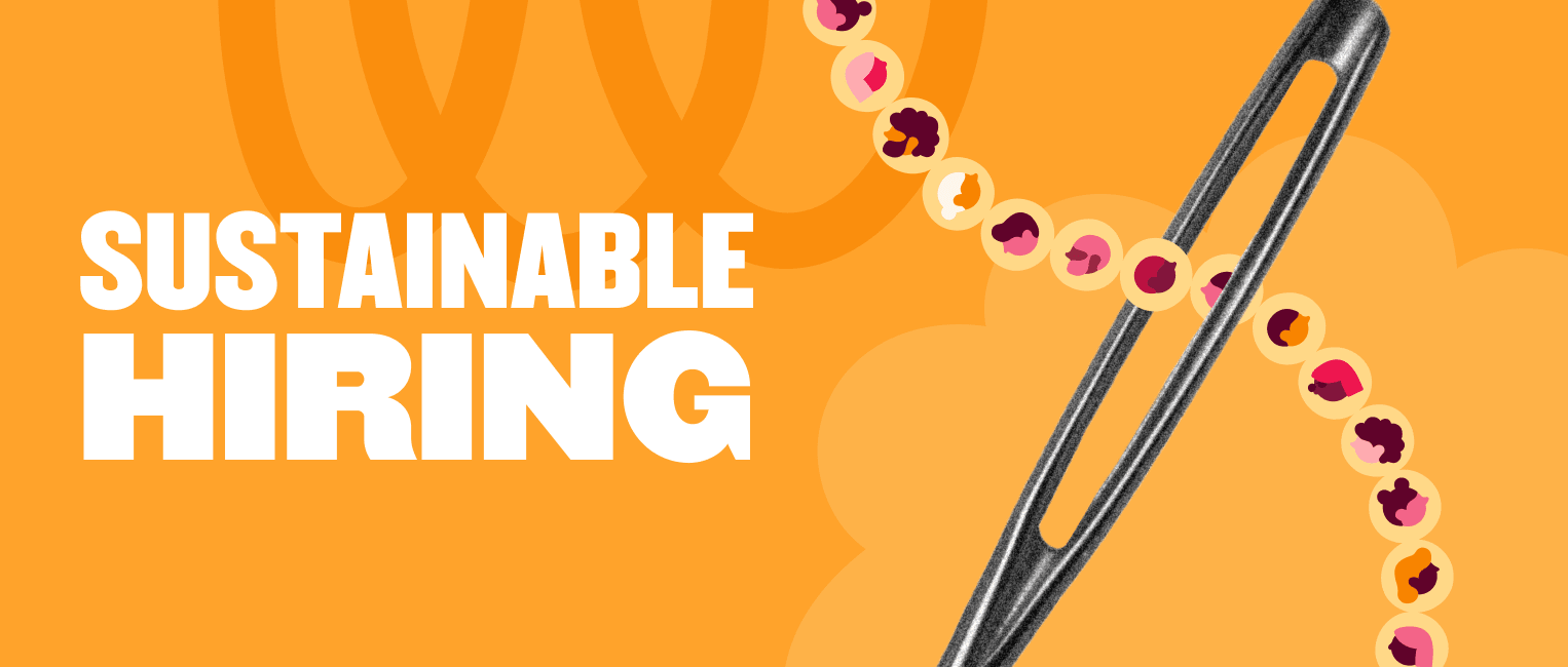 sustainable hiring graphic with bold text on orange background, featuring a needle and colorful beads representing diversity, hiring diversity sustainability illustration