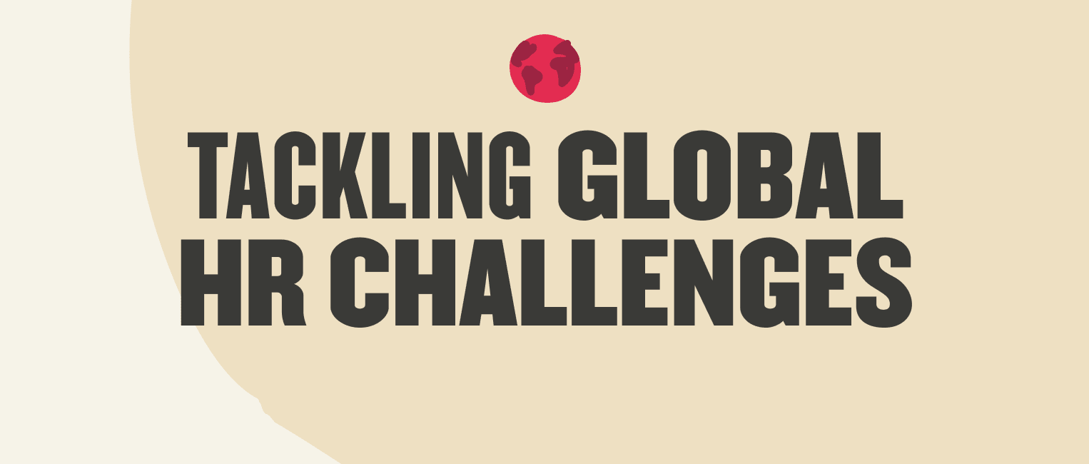 tackling global HR challenges graphic, bold text on light background with globe icon