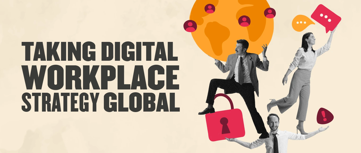 digital workplace strategy global, team collaboration and communication icons with world map background