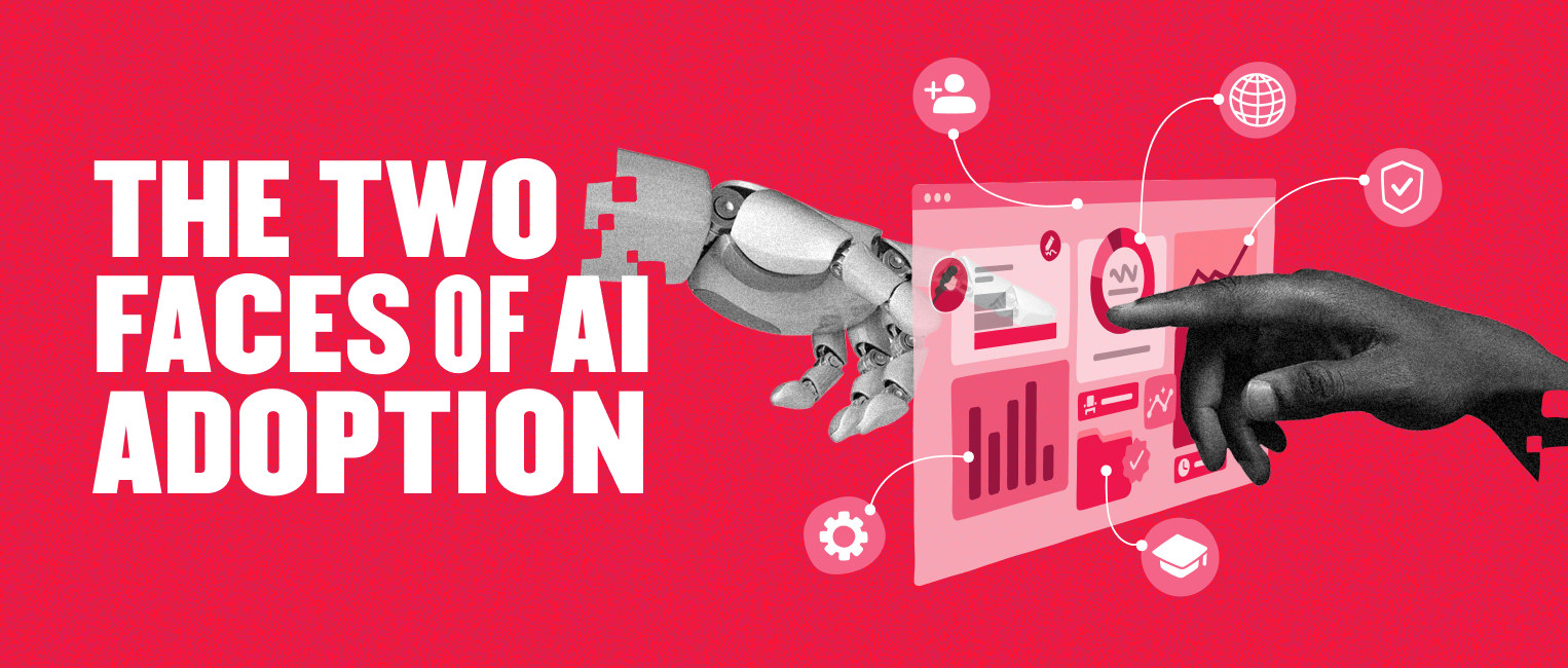 AI adoption visual, featuring a robotic arm and human hand interacting with a digital interface, robotic hand and human hand engaging with data dashboard