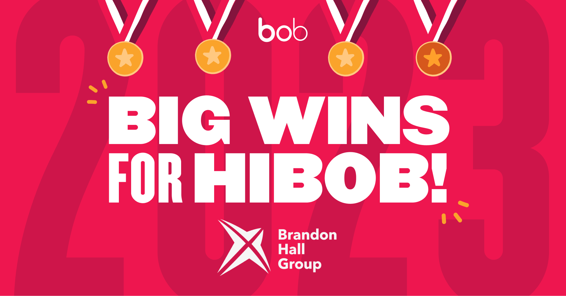 big wins for hibob 2023 with medals and Brandon Hall Group logo on bright pink background, 2023 hibob award recognition graphic