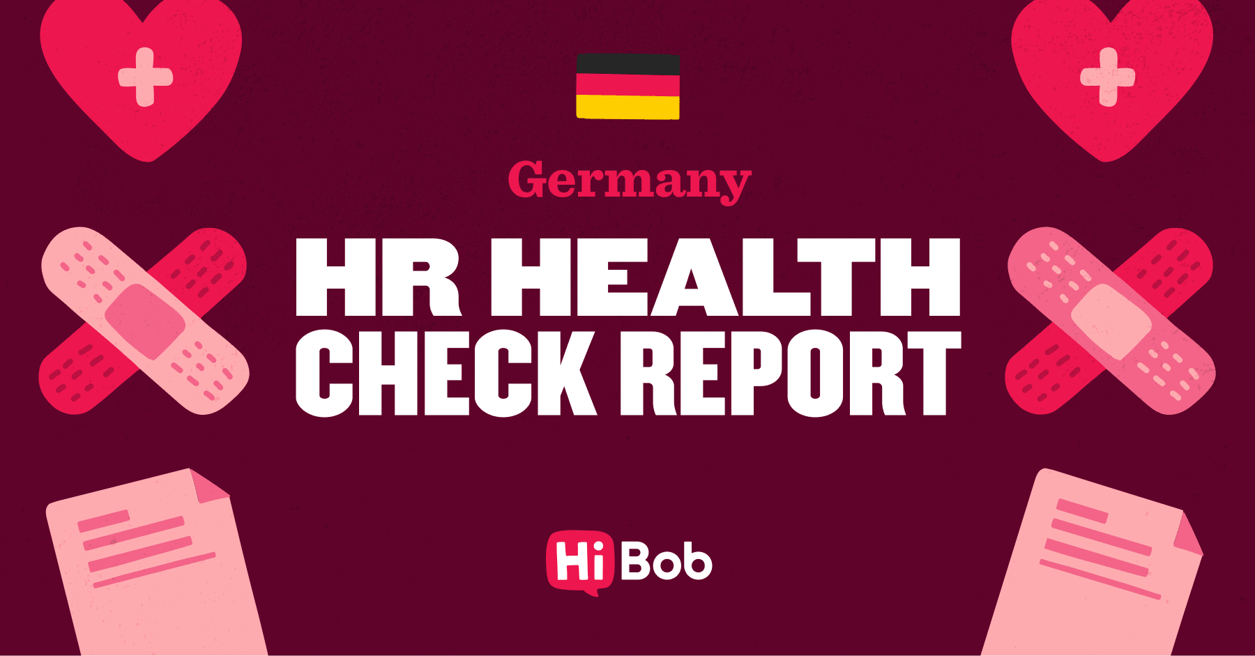 HR Health Check Report for Germany with health symbols and HiBob branding on a burgundy background. , Germany, HiBob
