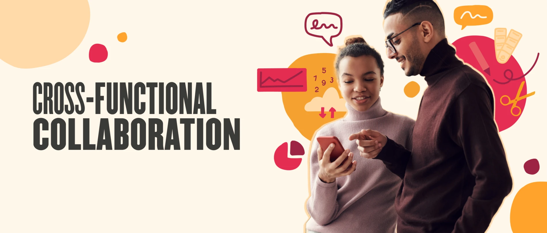 cross-functional collaboration, diverse professionals sharing ideas on smartphone with vibrant graphic elements in background