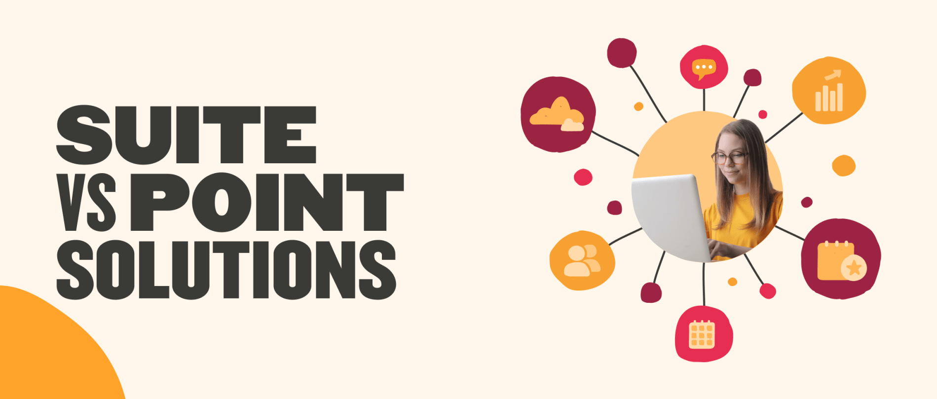suite_vs_point_solutions, woman_using_laptop_with_infographic_elements