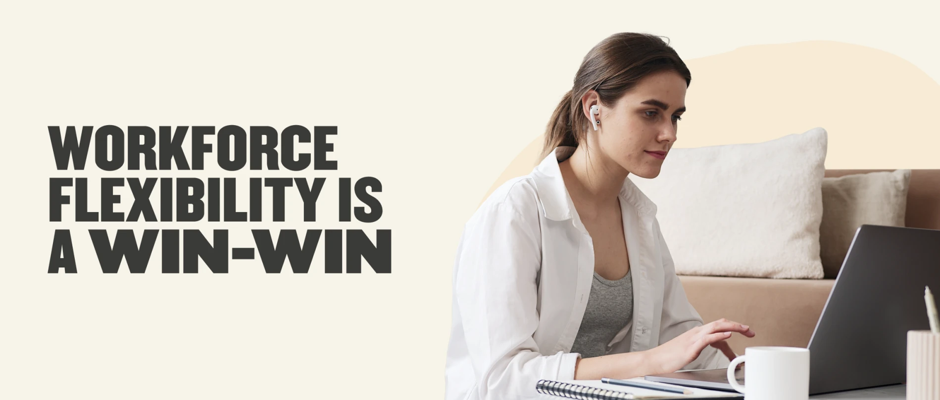 workforce flexibility win-win, woman working on laptop with coffee in cozy setting, promoting remote work benefits