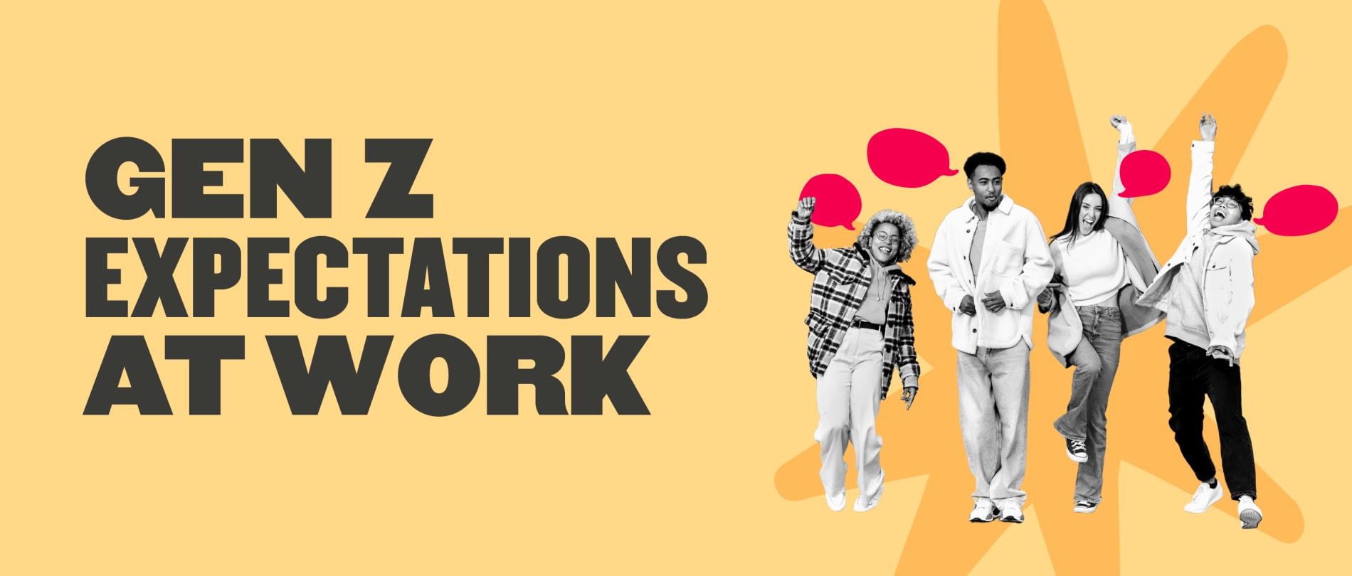 gen z work expectations, diverse young professionals celebrating with speech bubbles