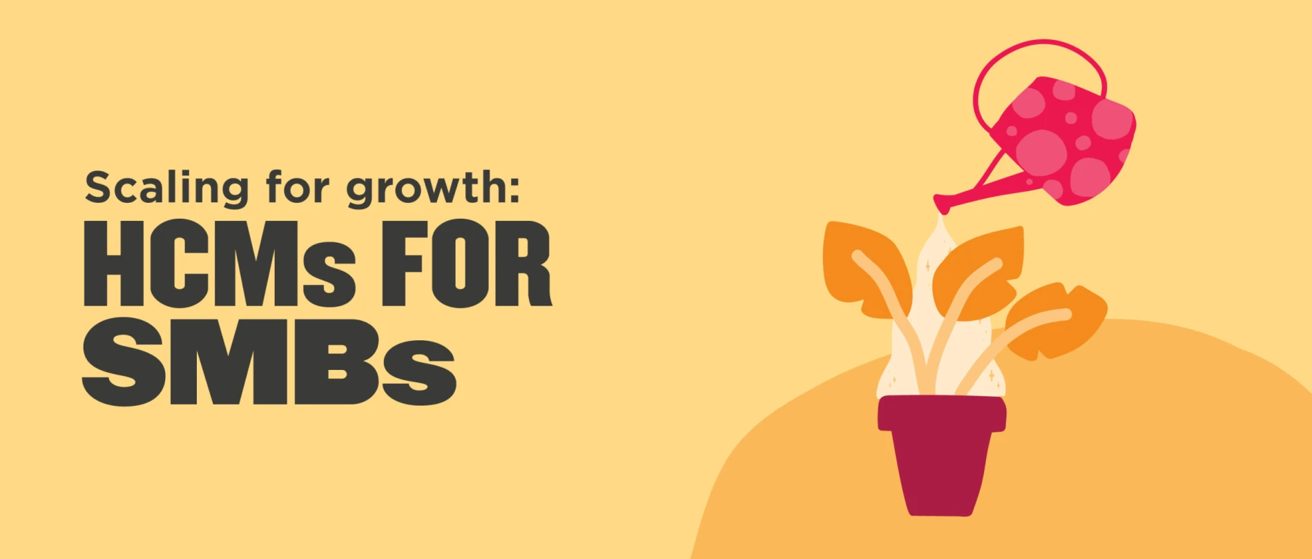 scaling for growth HCMs for SMBs, watering can nourishing green plant in a pot on a yellow background, HCMs for SMBs growth illustration