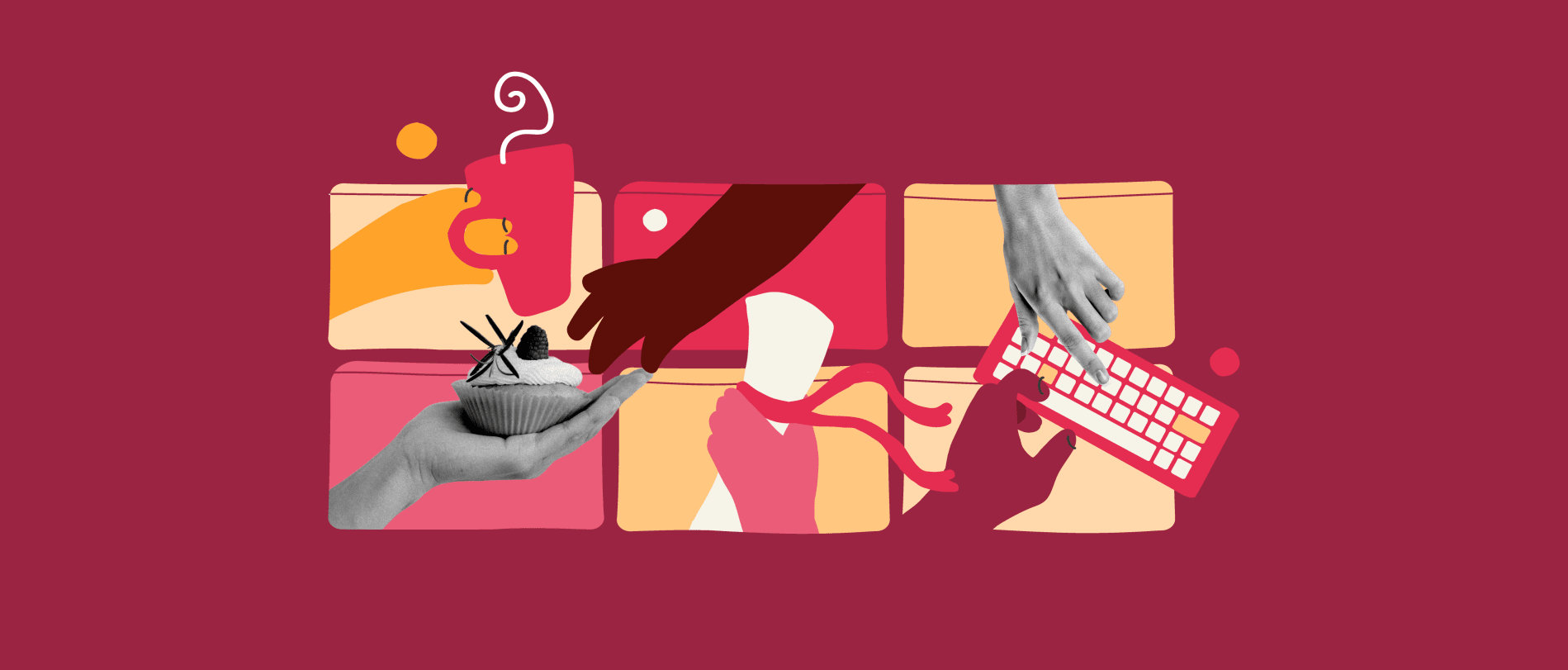 hands exchanging a cupcake and coffee, colorful graphic design, keyboard interaction showcasing multitasking, food and tech interaction illustration