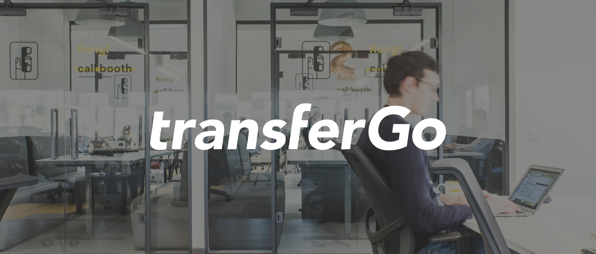 office environment, transferGo branding with glass walls and employees working in a collaborative space