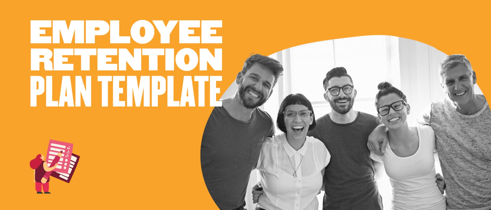 employee retention plan template with diverse smiling team members on vibrant orange background, happy employees celebrating success