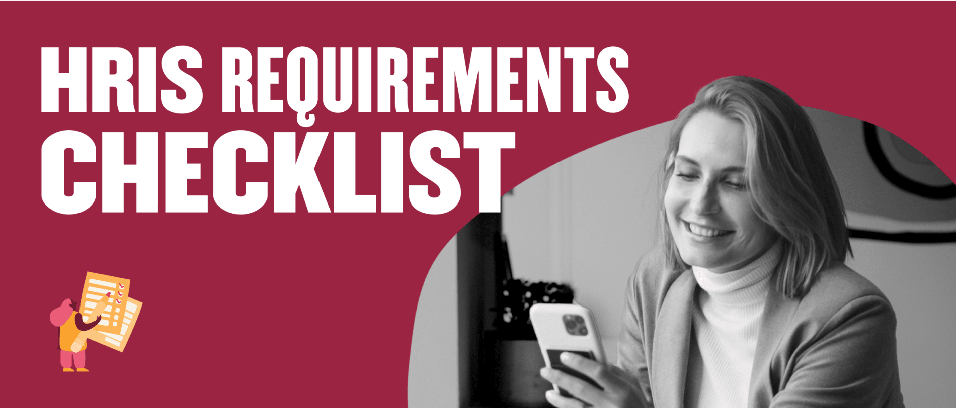 HRIS requirements checklist with a focused woman using a smartphone, vibrant colors enhance clarity and engagement, Checklist for HRIS requirements featuring a woman smiling with a smartphone, vibrant background elements