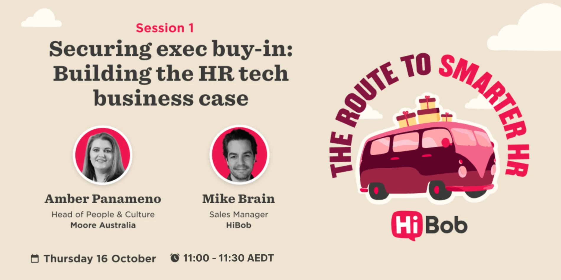 Session 1 features Amber Panameno and Mike Brain discussing HR tech. Join on October 16, 11:00 AEDT. HiBob branding visible. Session1, HRtech