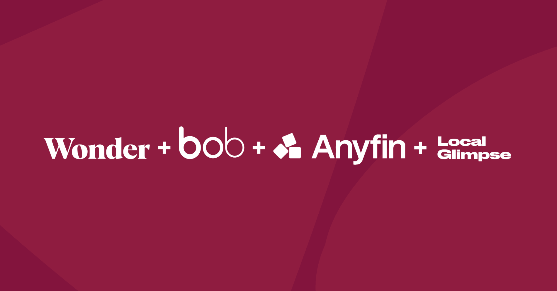 Wonder + bob + Anyfin + Local Glimpse logos on a maroon backdrop, showcasing innovative collaborations. , branding, logodesign