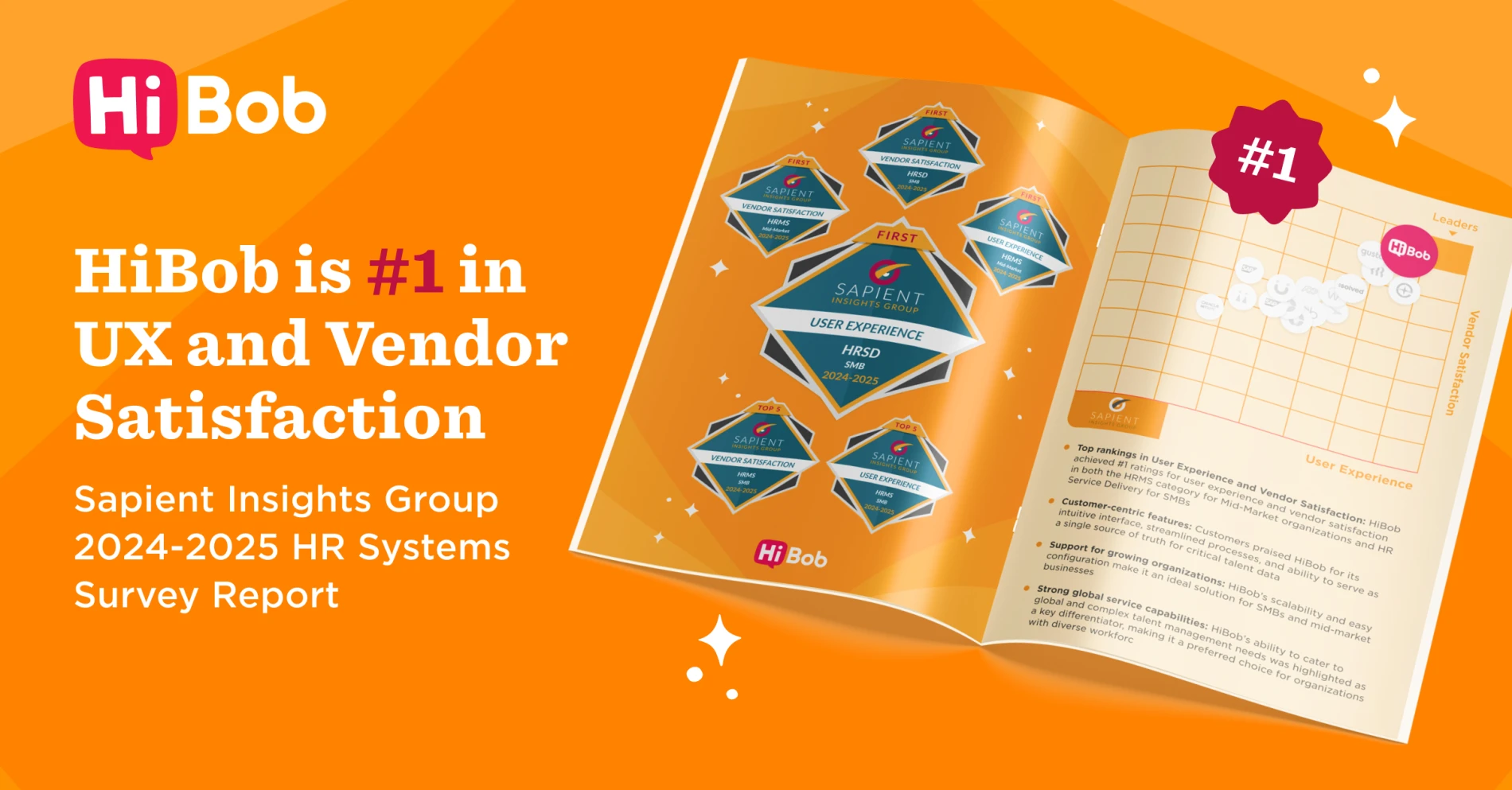 HiBob #1 in UX and Vendor Satisfaction, 2024-2025 HR Systems Survey Report, featuring awards and rankings by Sapient Insights Group., HiBob, SapientInsightsGroup