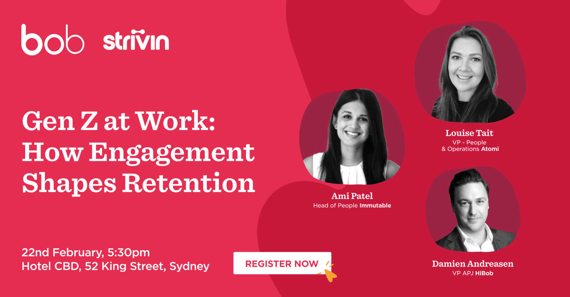 Gen Z at Work event featuring speakers Ami Patel, Louise Tait, and Damien Andreasen with details and registration info. event, GenZ, registration